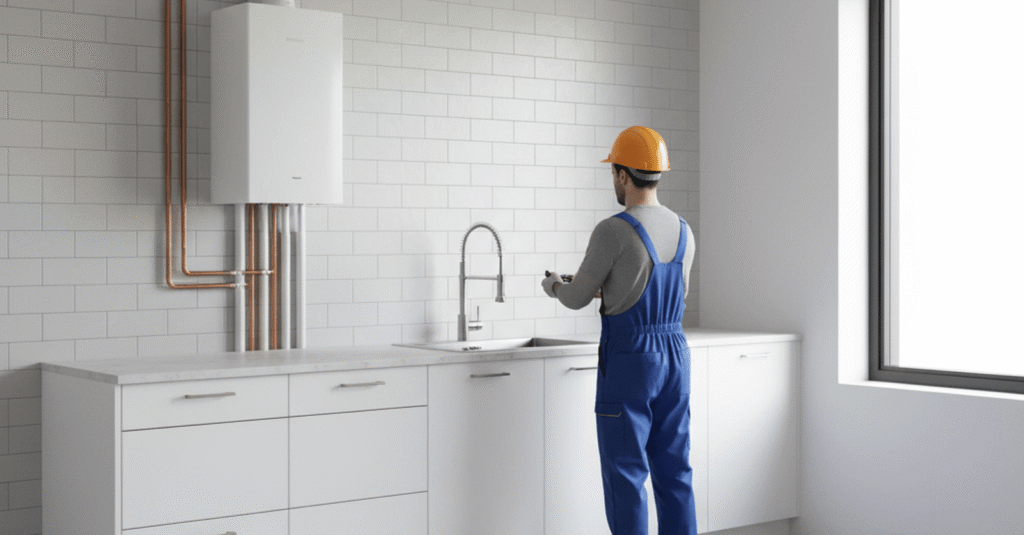 Hombre instalando una caldera de gas en una cocina moderna, mostrando el proceso de cambio caldera bilbao tiempo y precio.