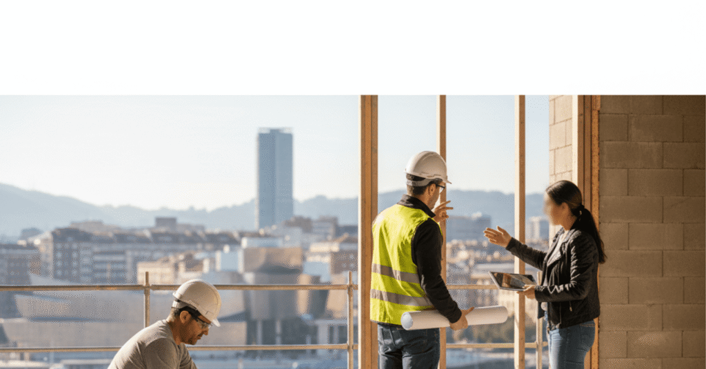 Comparativa visual de las funciones y herramientas de un albañil vs constructor vs reformista en un entorno de obra en Bilbao.