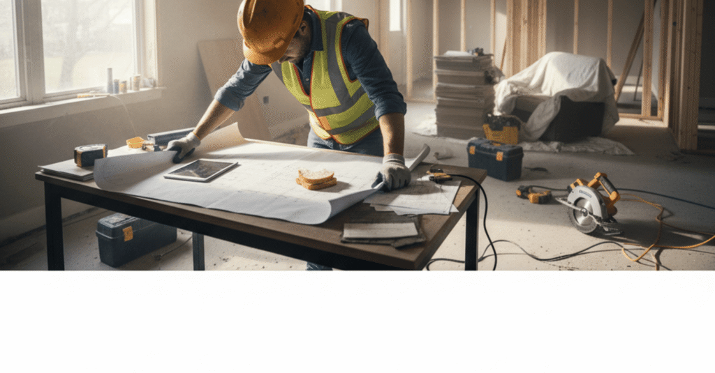 Hombre frustrado revisando documentos de construcción, evitando errores contratar reforma bilbao