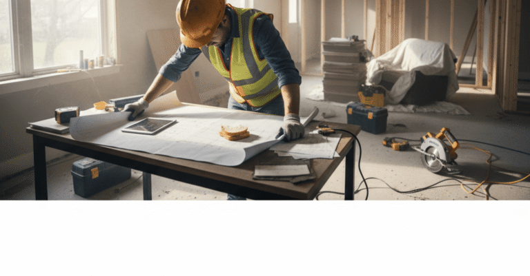 Hombre frustrado revisando documentos de construcción, evitando errores contratar reforma bilbao