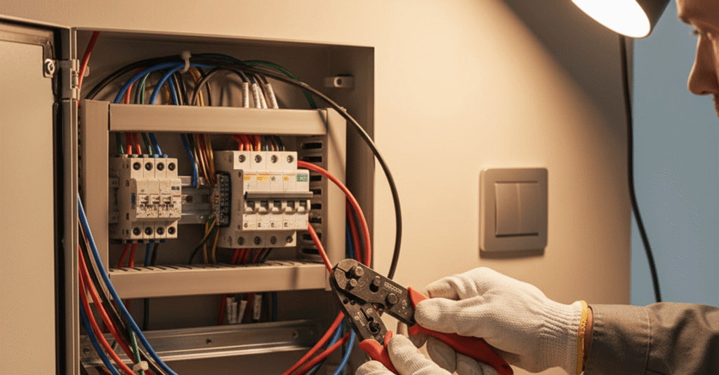 Detalle de un profesional realizando un cambio acometida electrica piso bilbao en un cuadro eléctrico moderno.