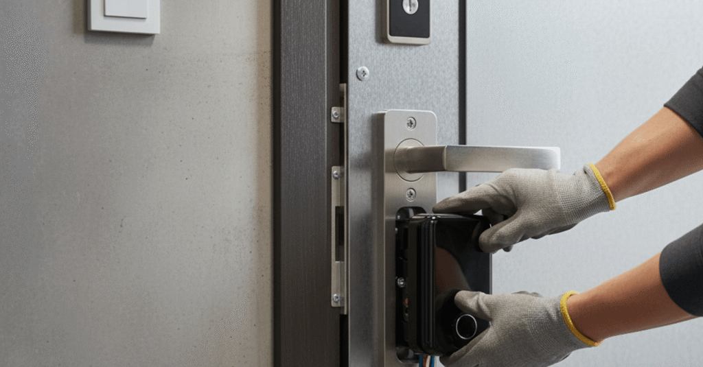 Profesional instalando una cerradura puerta blindada bilbao de alta seguridad en una vivienda moderna.