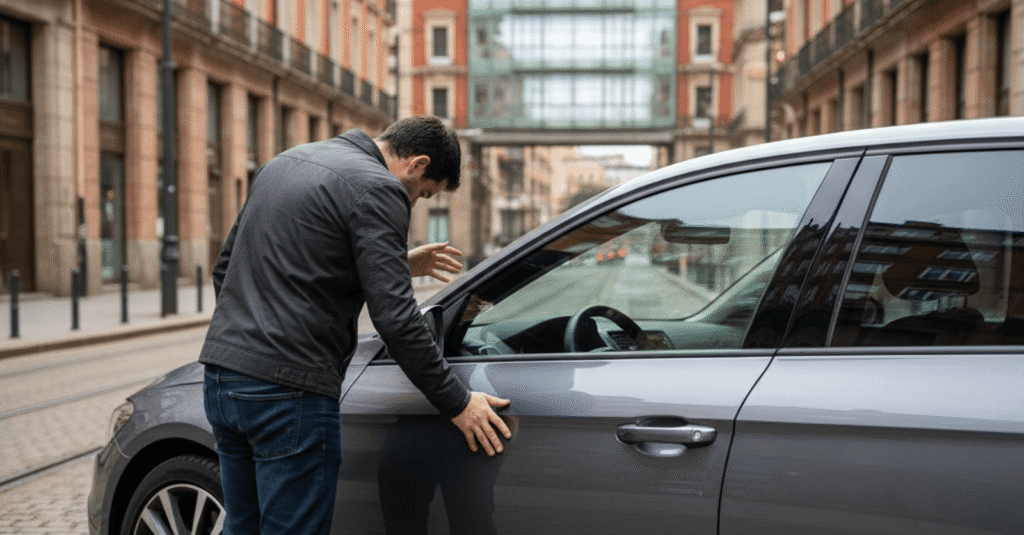 Hombre frustrado mirando su coche con la puerta cerrada, simbolizando la necesidad de una apertura coche sin llaves bilbao.