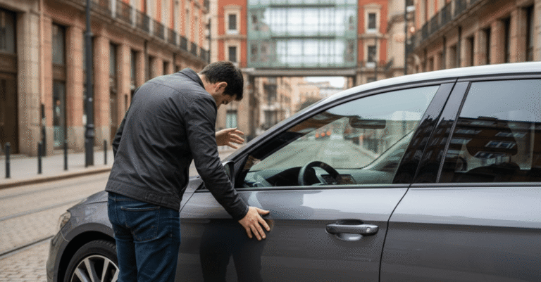 Hombre frustrado mirando su coche con la puerta cerrada, simbolizando la necesidad de una apertura coche sin llaves bilbao.