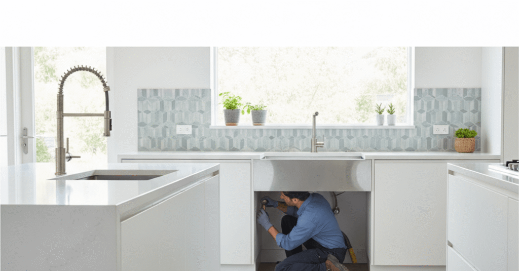 Hombre instalando un grifo nuevo en una cocina moderna, mostrando cuanto cuesta cambiar grifo cocina bilbao.
