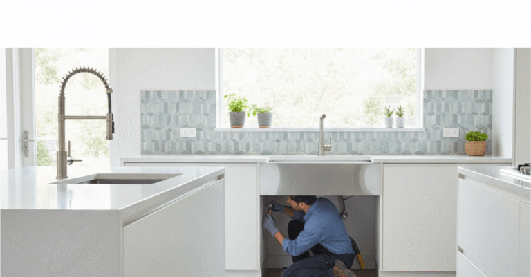 Hombre instalando un grifo nuevo en una cocina moderna, mostrando cuanto cuesta cambiar grifo cocina bilbao.