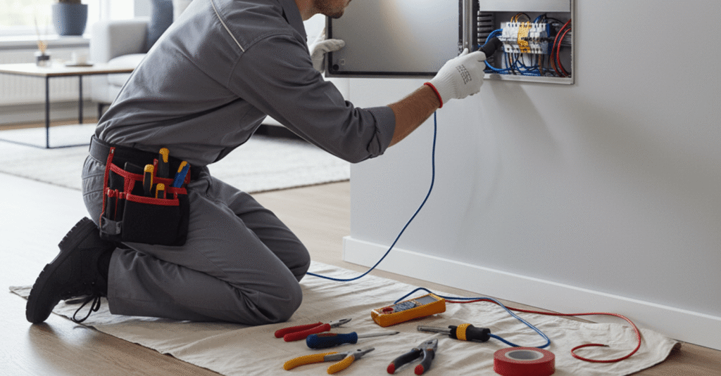 Un electricista santutxu bilbao inspeccionando un cuadro eléctrico en una vivienda reformada.