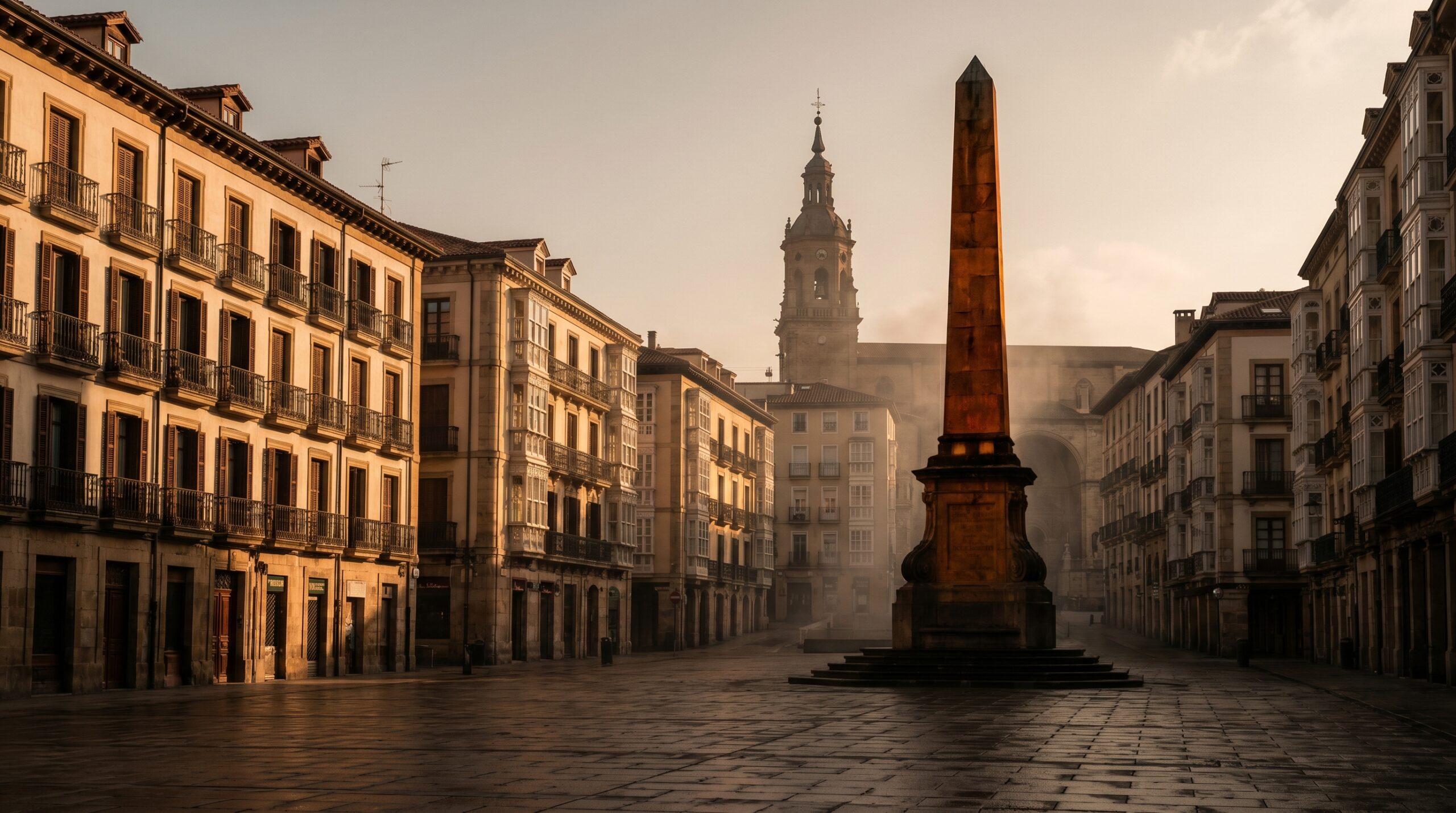 Plaza de la Virgen Blanca de Vitoria-Gasteiz con el obelisco de la Batalla y la torre de San Miguel Arcangel al amanecer
