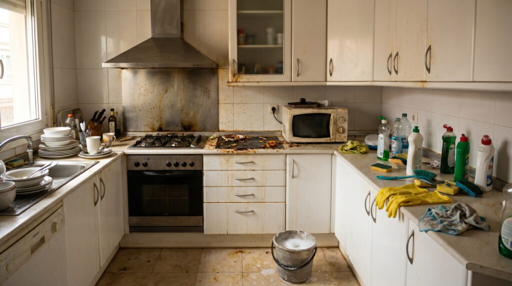 Cocina muy sucia con grasa antes de limpieza profesional en Bilbao