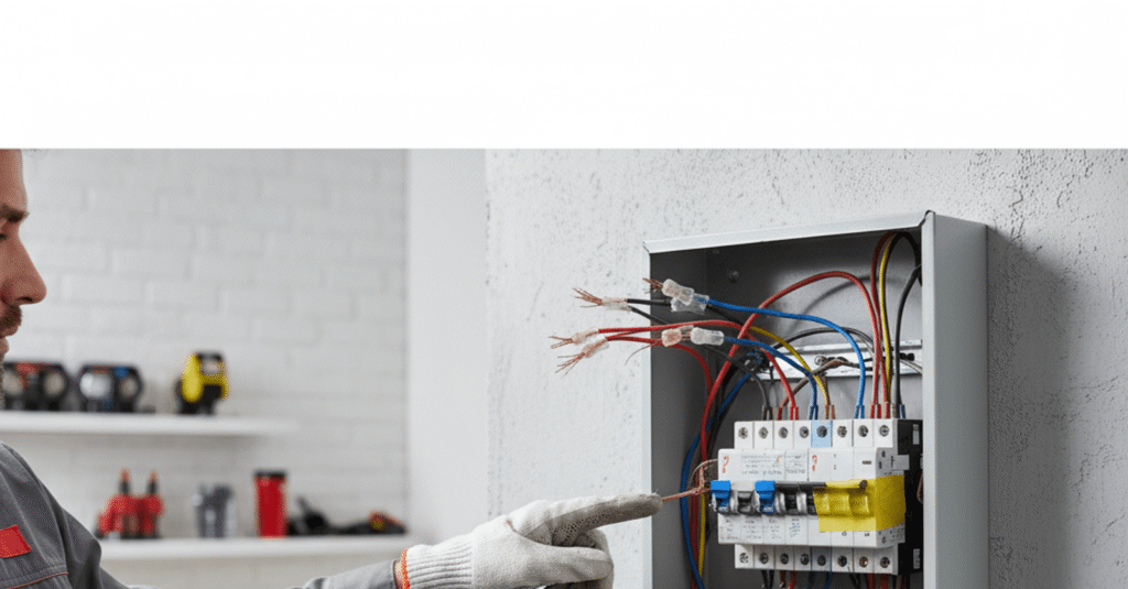 Hombre electricista señalando panel eléctrico para mostrar errores comunes instalaciones electricas