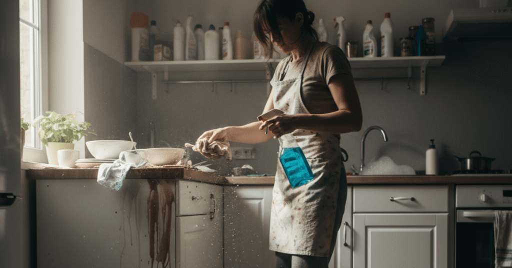 Una mujer frustrada cometiendo errores limpieza profunda uno mismo en su cocina desordenada.