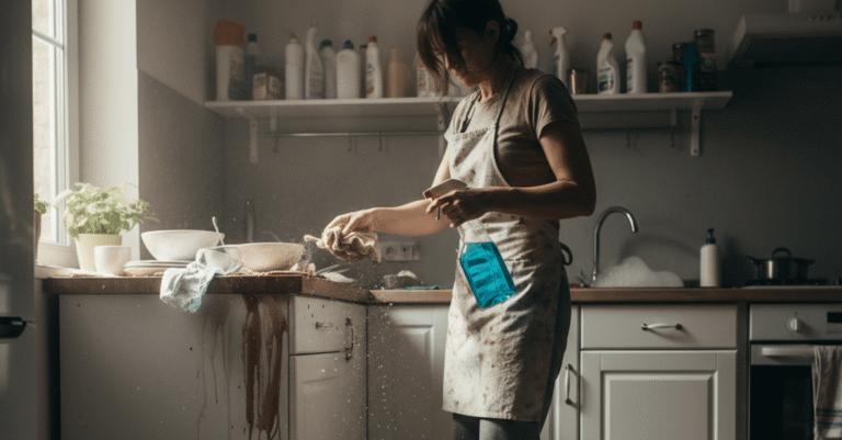 Una mujer frustrada cometiendo errores limpieza profunda uno mismo en su cocina desordenada.