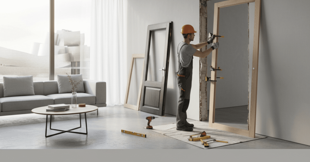 Profesional instalando una puerta nueva en un piso para cambiar puertas piso bilbao