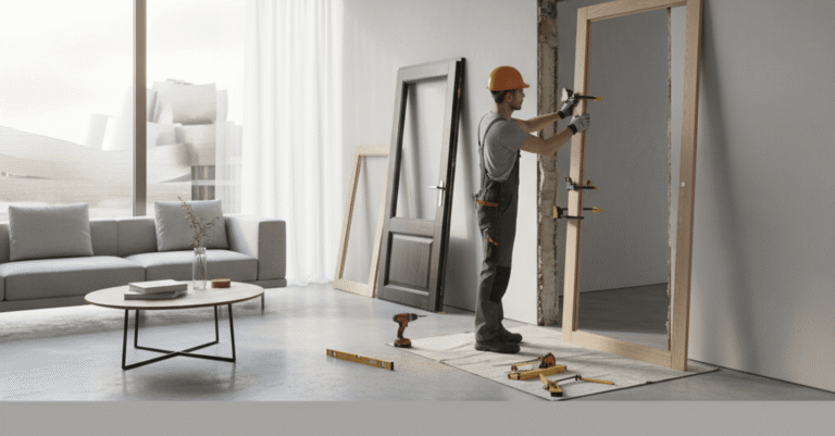 Profesional instalando una puerta nueva en un piso para cambiar puertas piso bilbao