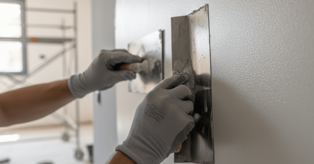 Hombre aplicando pasta para enlucir pared bilbao precio en una superficie interior, mostrando un acabado profesional.