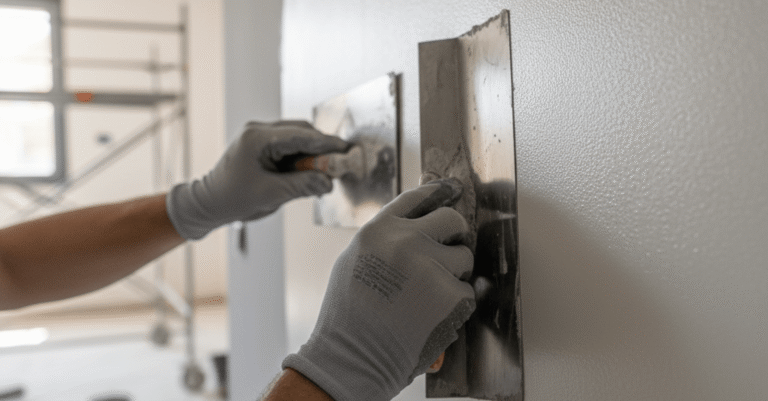 Hombre aplicando pasta para enlucir pared bilbao precio en una superficie interior, mostrando un acabado profesional.