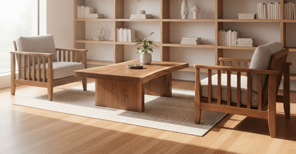 Variedad de muebles y elementos de diseño de interiores realizados por carpinterias de madera en bilbao, mostrando acabados de alta calidad.