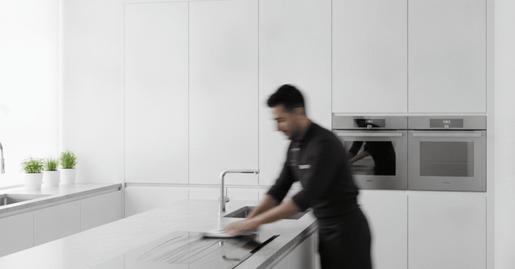 Profesional realizando limpieza hogar bilbao particulares en una cocina moderna y luminosa.