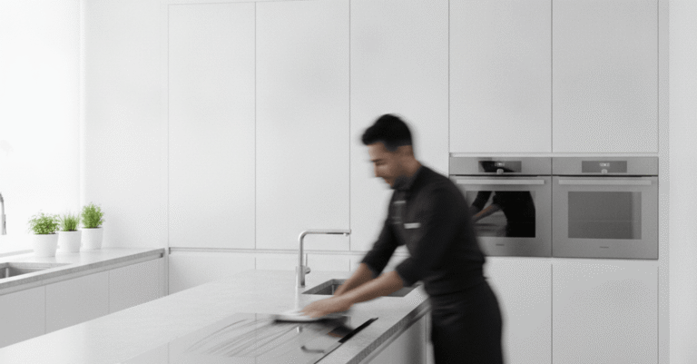 Profesional realizando limpieza hogar bilbao particulares en una cocina moderna y luminosa.