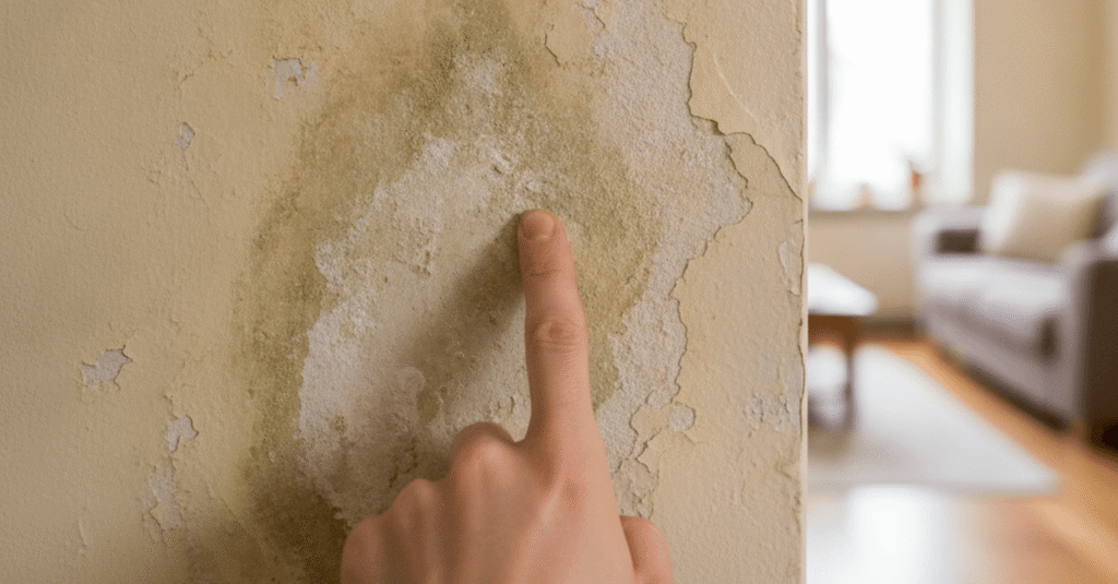 Hombre examinando una pared con manchas de humedad, buscando como detectar humedad por capilaridad.
