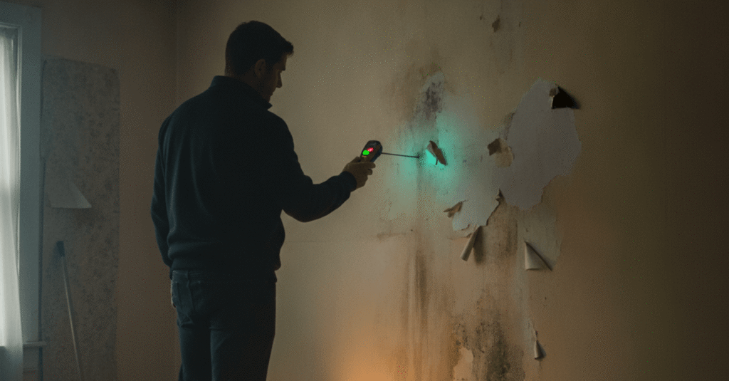 Hombre inspeccionando una pared con manchas de humedad, intentando identificar los tipos de humedad en vivienda como diferenciar