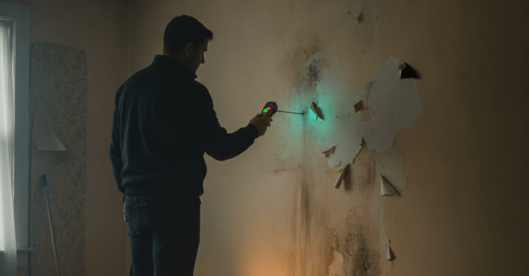 Hombre inspeccionando una pared con manchas de humedad, intentando identificar los tipos de humedad en vivienda como diferenciar