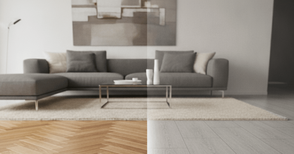Comparativa entre parquet vs tarima flotante en un ambiente moderno de salón, mostrando las texturas de ambos suelos.