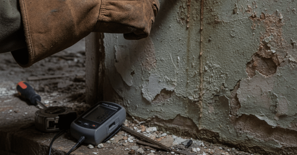 Profesional inspeccionando una pared con humedad para reparar fuga agua Bilbao Casco Viejo.