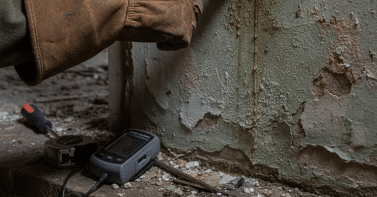 Profesional inspeccionando una pared con humedad para reparar fuga agua Bilbao Casco Viejo.