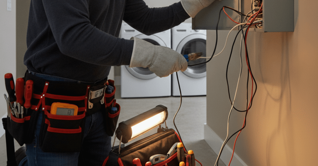 Técnico revisando un cuadro eléctrico ante una avería eléctrica Bilbao en un hogar moderno.