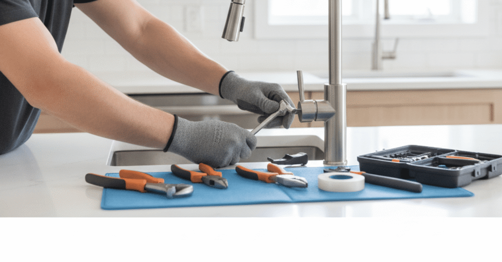 Profesional instalando un grifo nuevo en una cocina moderna, ideal para cambiar grifo Bilbao fin de semana.