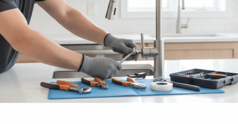 Profesional instalando un grifo nuevo en una cocina moderna, ideal para cambiar grifo Bilbao fin de semana.