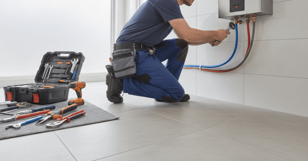 Hombre instalando un calentador en un baño moderno, con herramientas a su alrededor, para instalar calentador bilbao urgente.