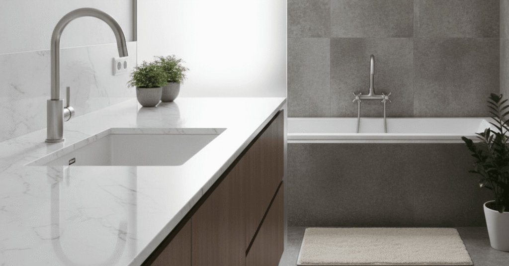 Comparativa de tipos grifería monomando vs bimando en un baño moderno.