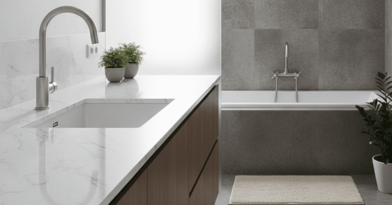 Comparativa de tipos grifería monomando vs bimando en un baño moderno.