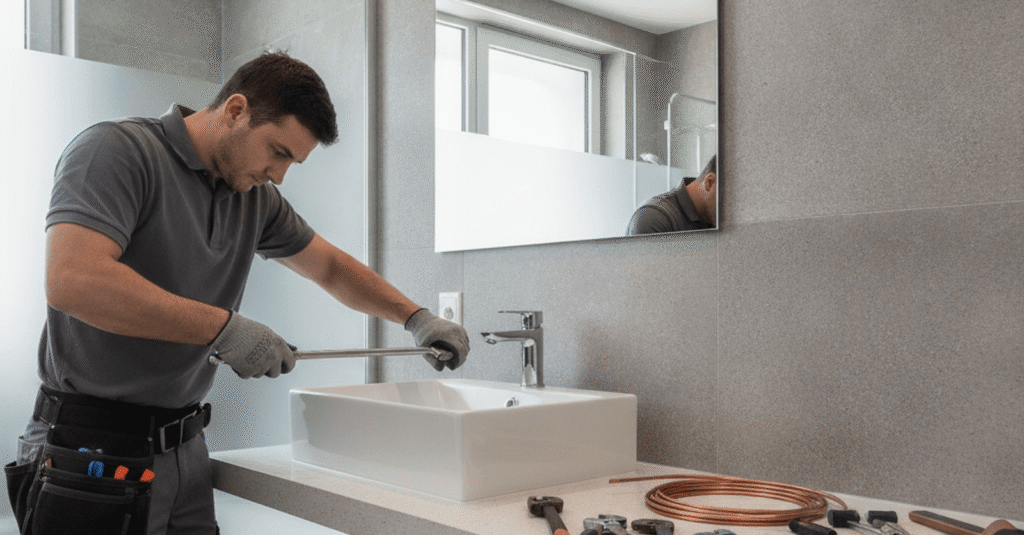 Un fontanero profesional trabajando en una instalación de tuberías en un baño moderno, con herramientas a la vista. Esta imagen representa la calidad de los fontaneros Santutxu.