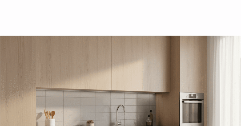 Una cocina moderna y funcional con muebles de madera clara y encimera oscura, demostrando que es posible tener cocinas baratas bilbao sin sacrificar el estilo.