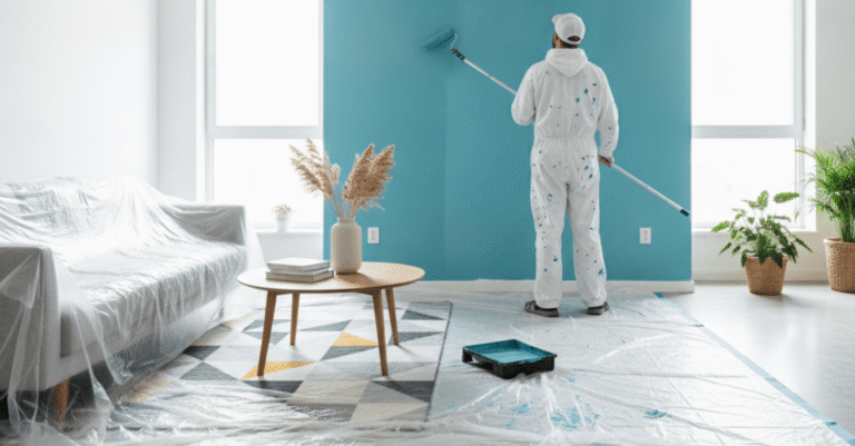 Pintores profesionales aplicando pintura en bilbao en una pared interior de salón moderno.