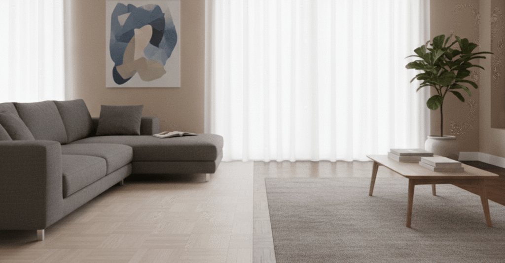 Comparativa visual de los tipos parquet flotante vs macizo en un hogar moderno.