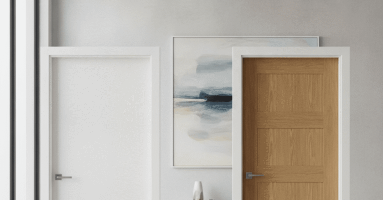 Comparativa de tipos puerta interior dm vs maciza en un hogar moderno con un albañil verificando la instalación.