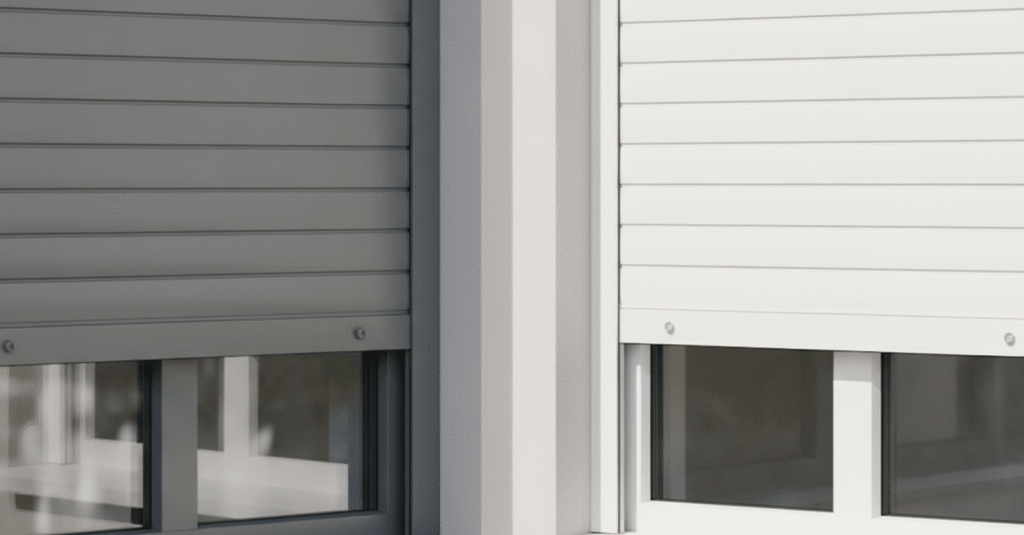 Comparativa de tipos persiana aluminio vs pvc instaladas en ventanas de una vivienda moderna, con luz natural.
