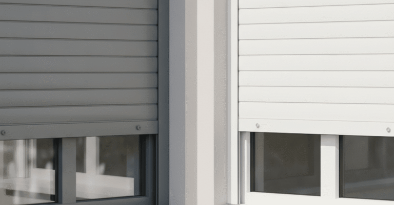 Comparativa de tipos persiana aluminio vs pvc instaladas en ventanas de una vivienda moderna, con luz natural.