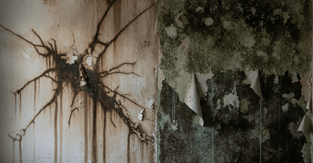 Comparativa visual de los efectos de la humedad por filtracion vs condensacion en una pared interior de una vivienda.