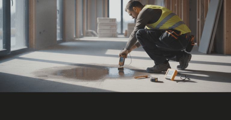 Experto inspeccionando el problema de humedad bajo el suelo como solucionar en una vivienda moderna.