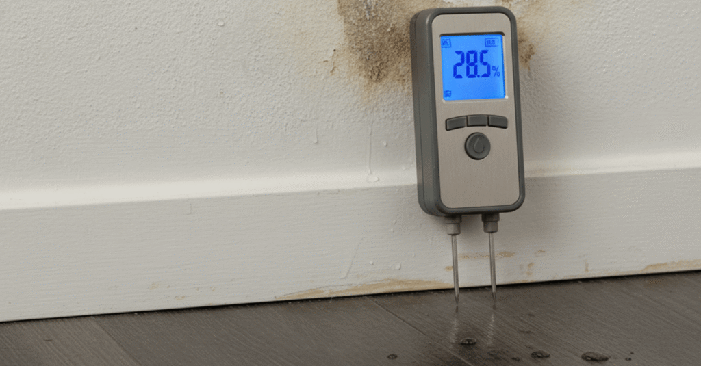 Un medidor de humedad digital sobre una pared con una mancha de humedad visible, representando como saber si tengo fuga agua oculta.