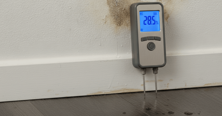 Un medidor de humedad digital sobre una pared con una mancha de humedad visible, representando como saber si tengo fuga agua oculta.