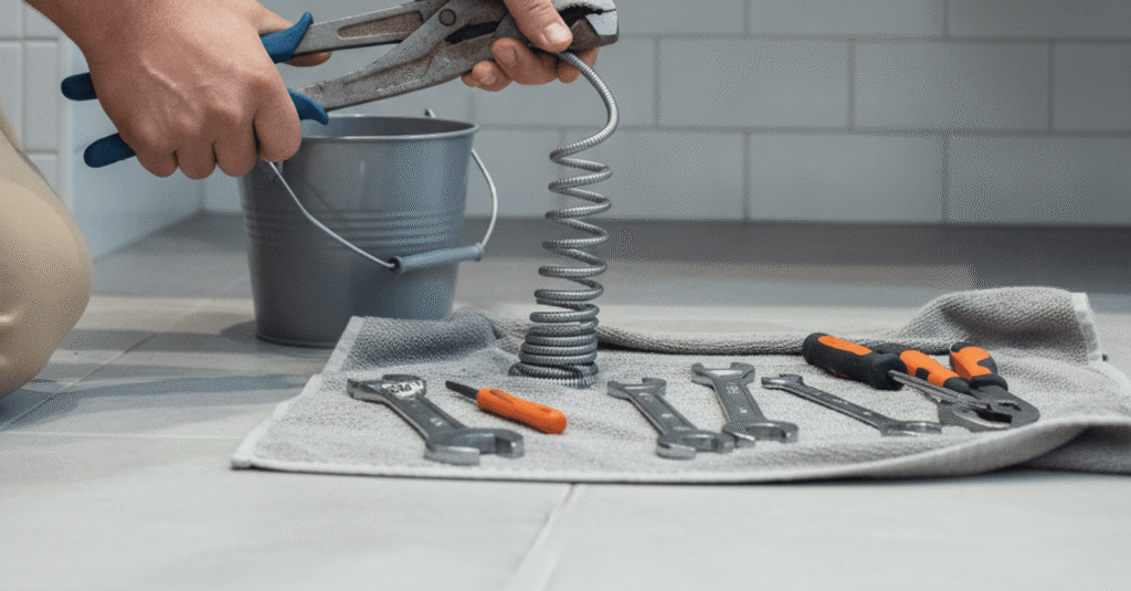 Hombre intentando solucionar como destapar tuberia atascada sin productos en un lavabo de baño.
