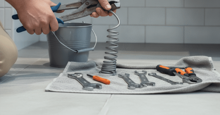 Hombre intentando solucionar como destapar tuberia atascada sin productos en un lavabo de baño.