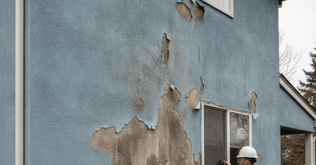 Hombre inspeccionando una pared exterior con signos de como tratar humedad muro exterior en un día nublado.