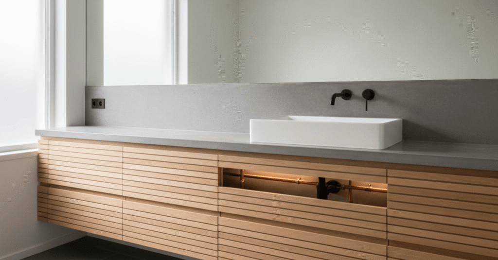Ideas creativas para cómo ocultar tuberías vista pared en una reforma de baño moderno.